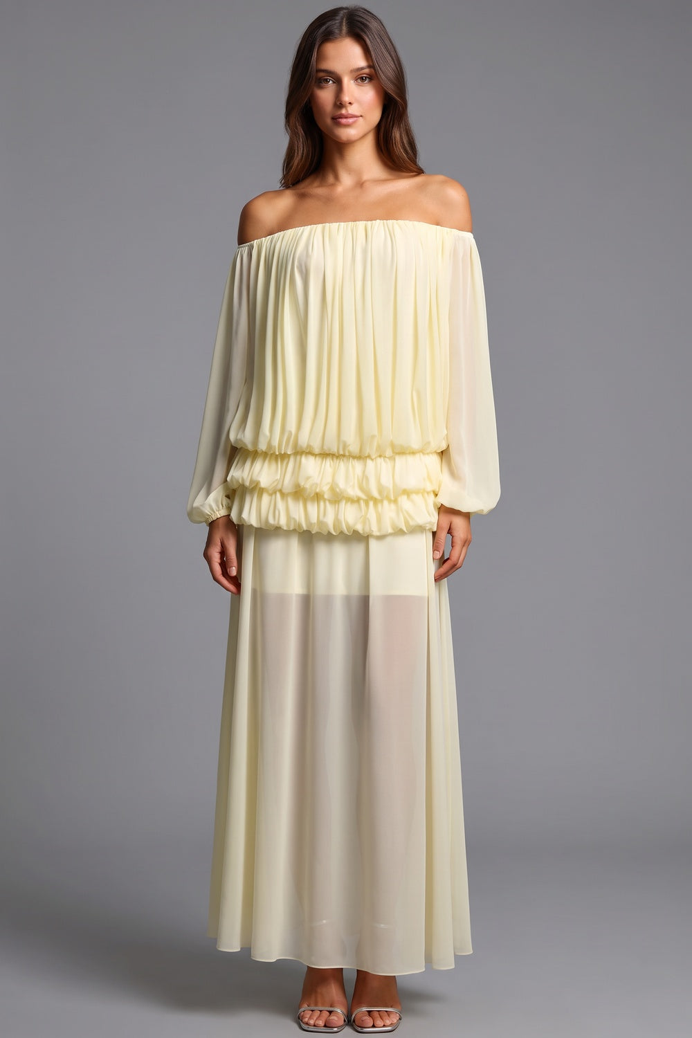 Pale Yellow Chiffon Off-The-Shoulder Blouson Two-Piece Set