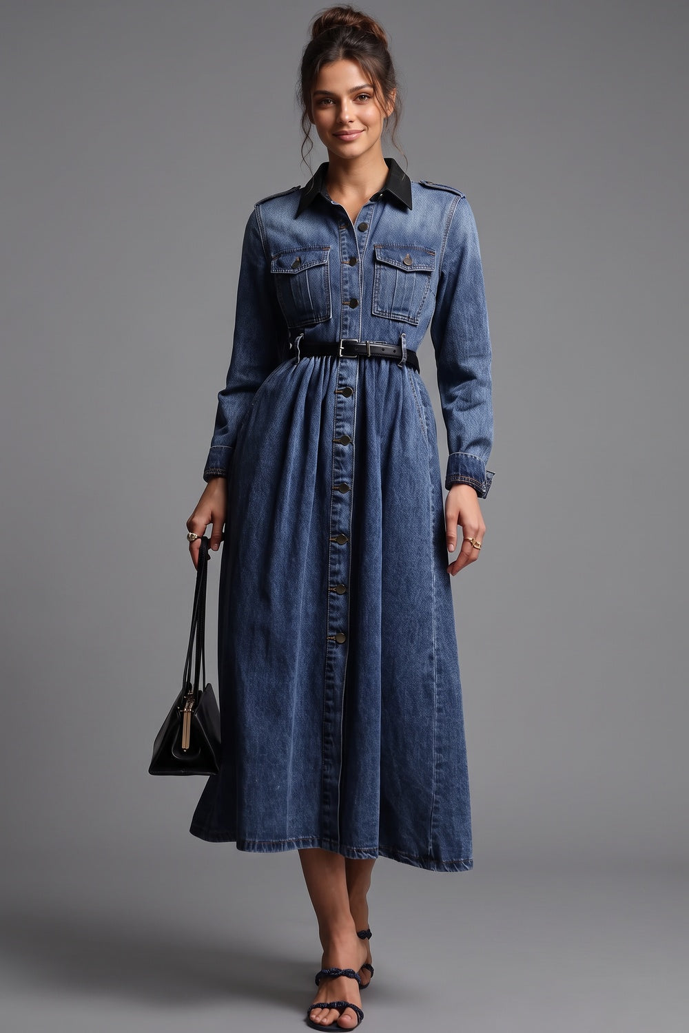 Medium Blue Denim A-Line Shirt Dress with Contrast Collar