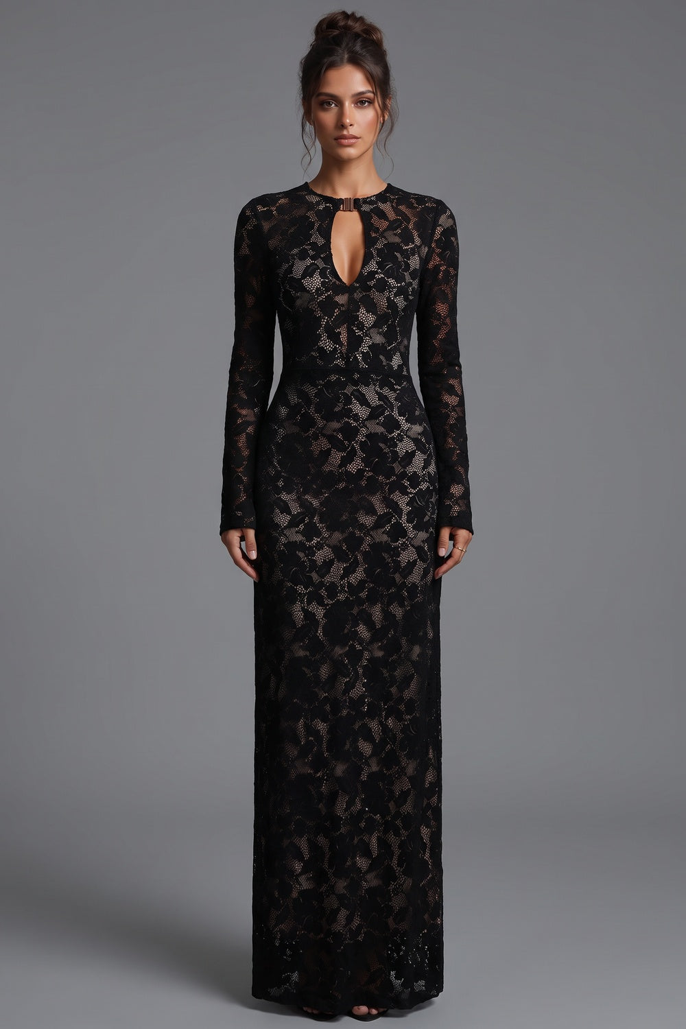Black Floral Lace Column Gown
