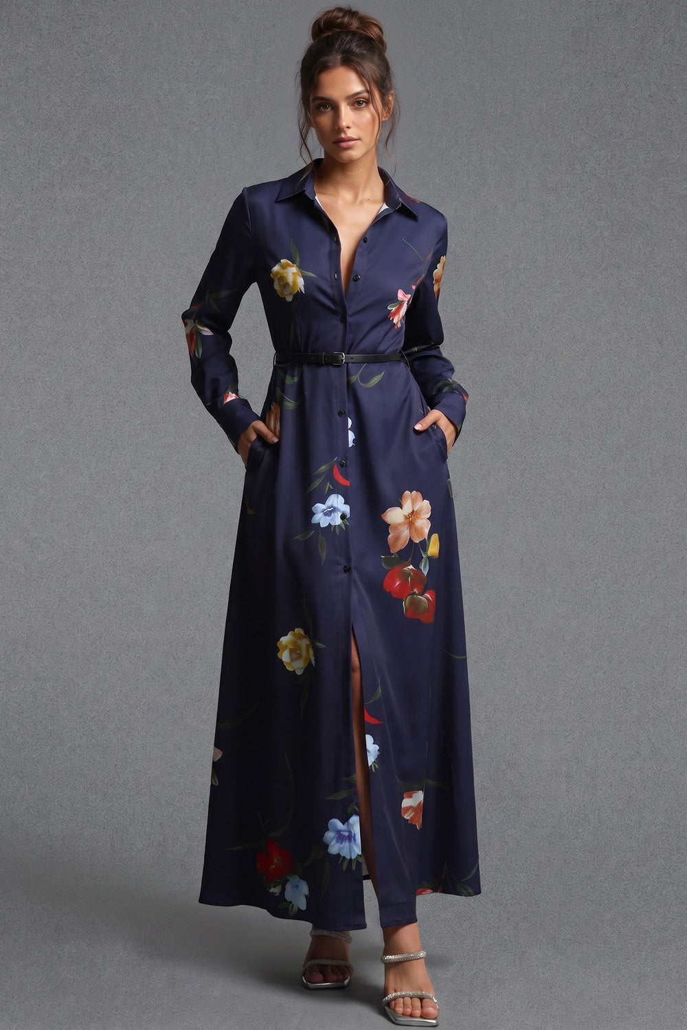 Navy Blue Floral Satin-Weave A-Line Shirt Dress