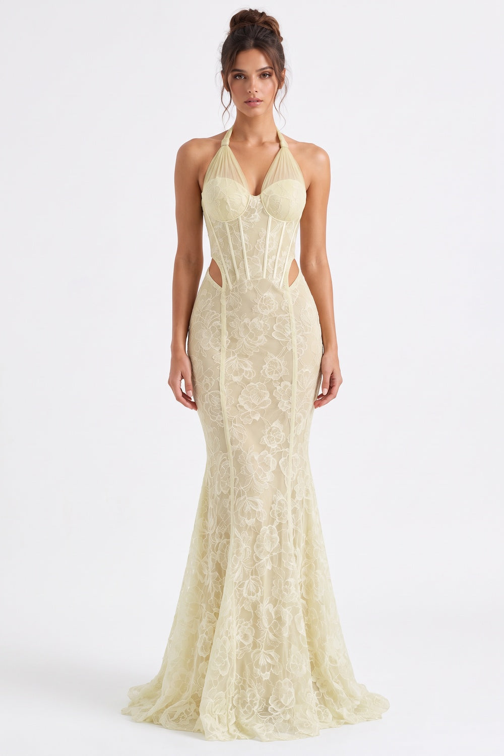 Pale Yellow Floral Lace Mermaid Gown
