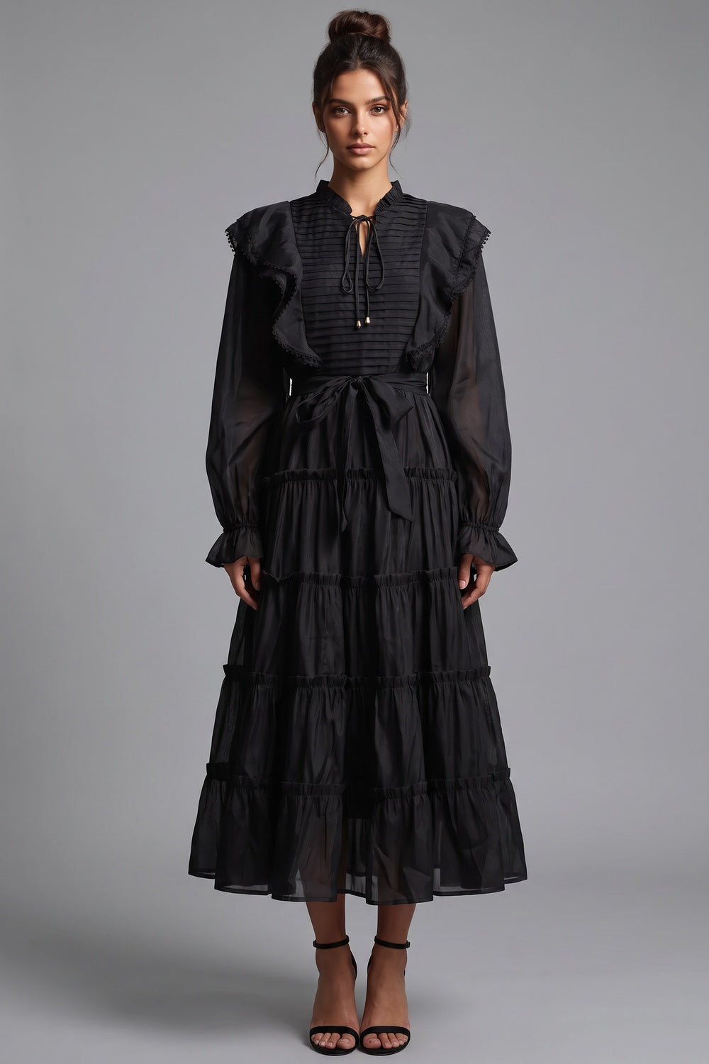 Black Tiered A-Line Midi Dress with Bishop Sleeves