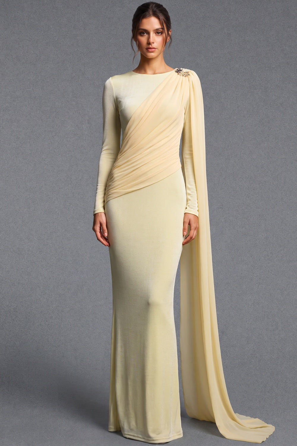 Pale Yellow Fine Stretch Knit Column Evening Gown with Asymmetric Draped Cape
