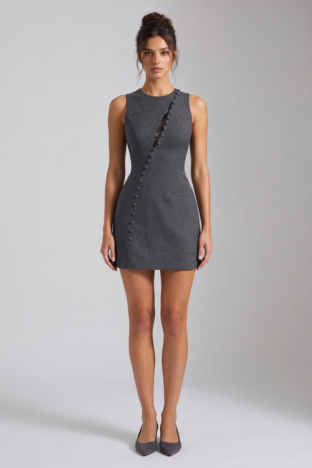 Charcoal Grey Structured Wool-Blend Suiting Sheath Mini Dress