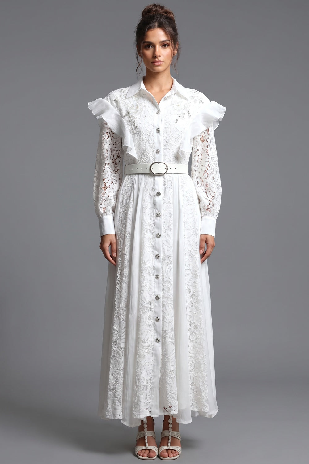 White Floral Lace A-Line Maxi Shirt Dress