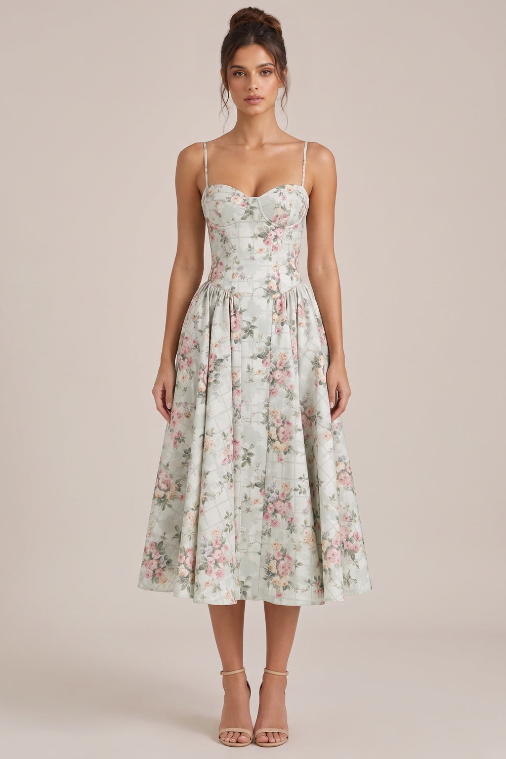 Pale Sage Green Structured Woven Cotton or Jacquard Fit-and-Flare Dress