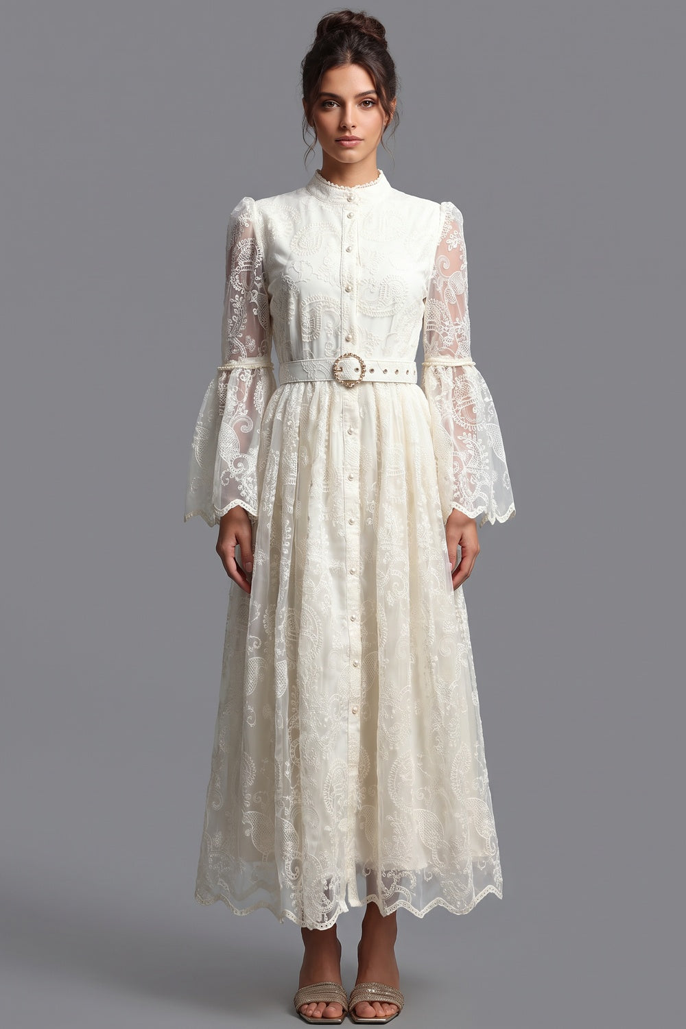 Cream Embroidered Floral Lace A-Line Dress