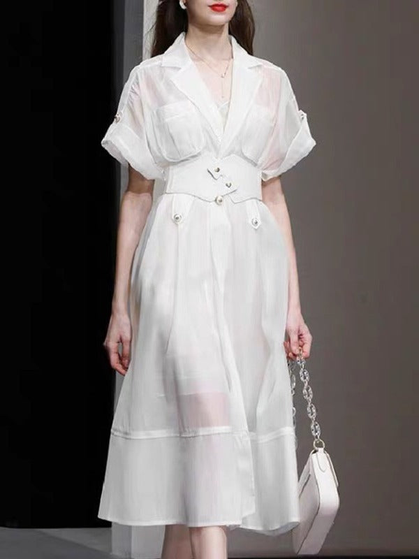 WAISTBAND GAUZE MIDI DRESS-Ownci