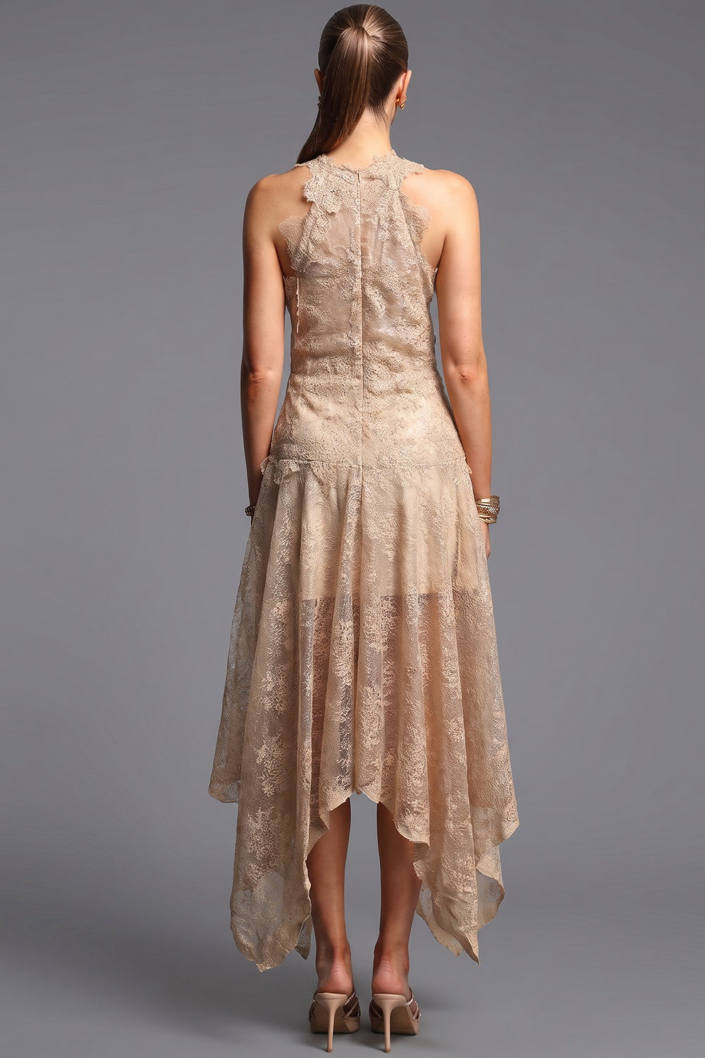 Beige Corded Floral Lace A-Line Midi Dress with Asymmetrical Hem