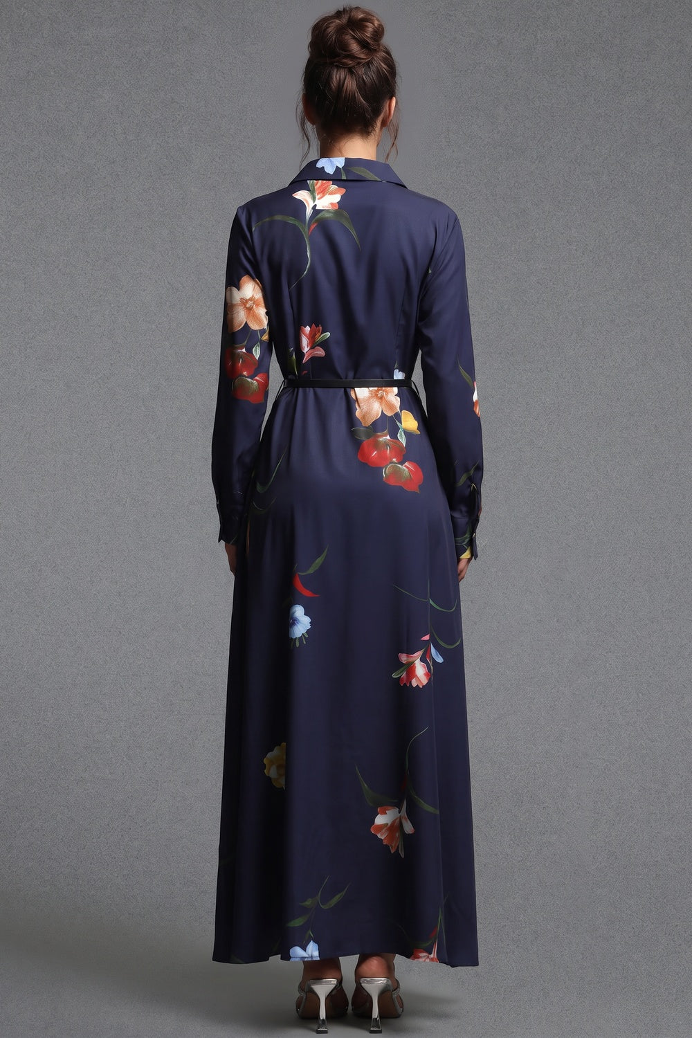 Navy Blue Floral Satin-Weave A-Line Shirt Dress