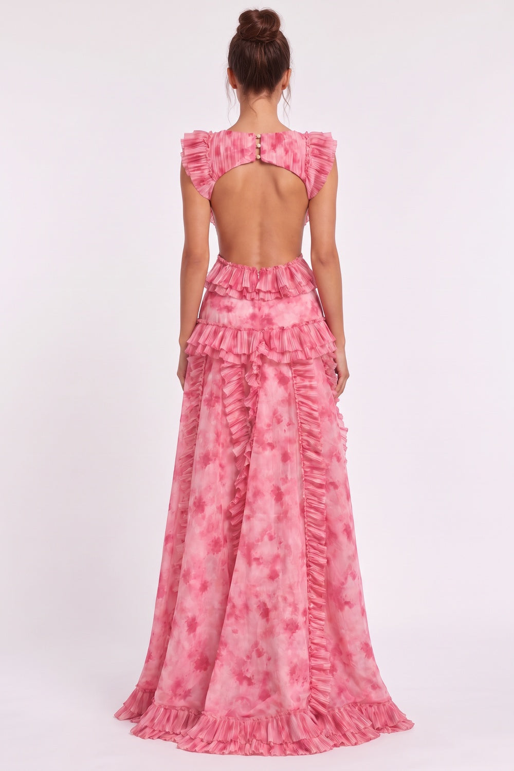 Pink Watercolor Chiffon A-Line Gown with Waist Cut-Outs