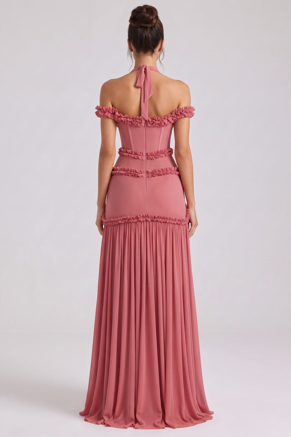 Dusty Rose Fitted Corset Gown with Tiered Ruffles and Halter Neck