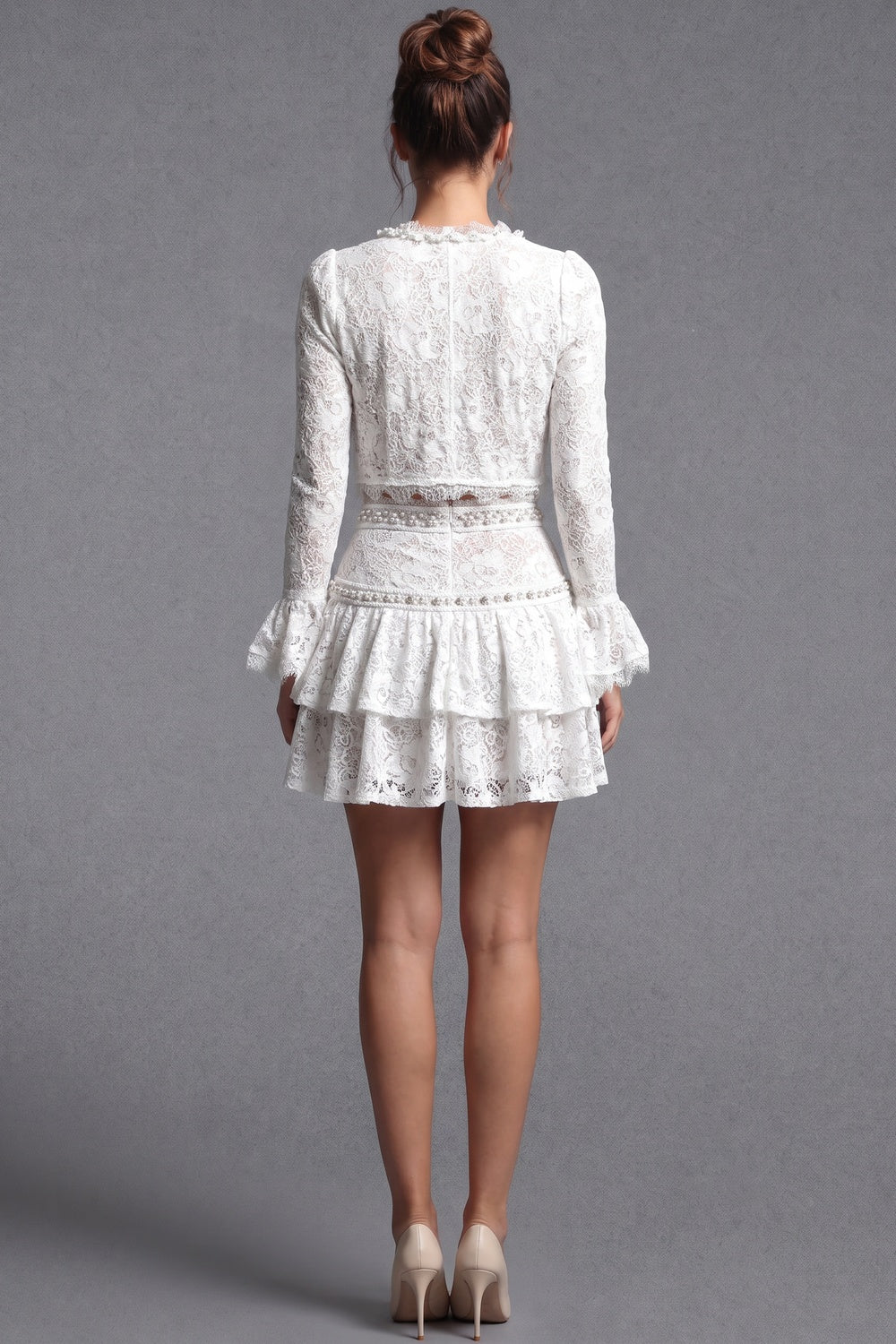 White Floral Corded Lace Fitted Cropped Jacket with Flared Mini Skirt Two-Piece Set