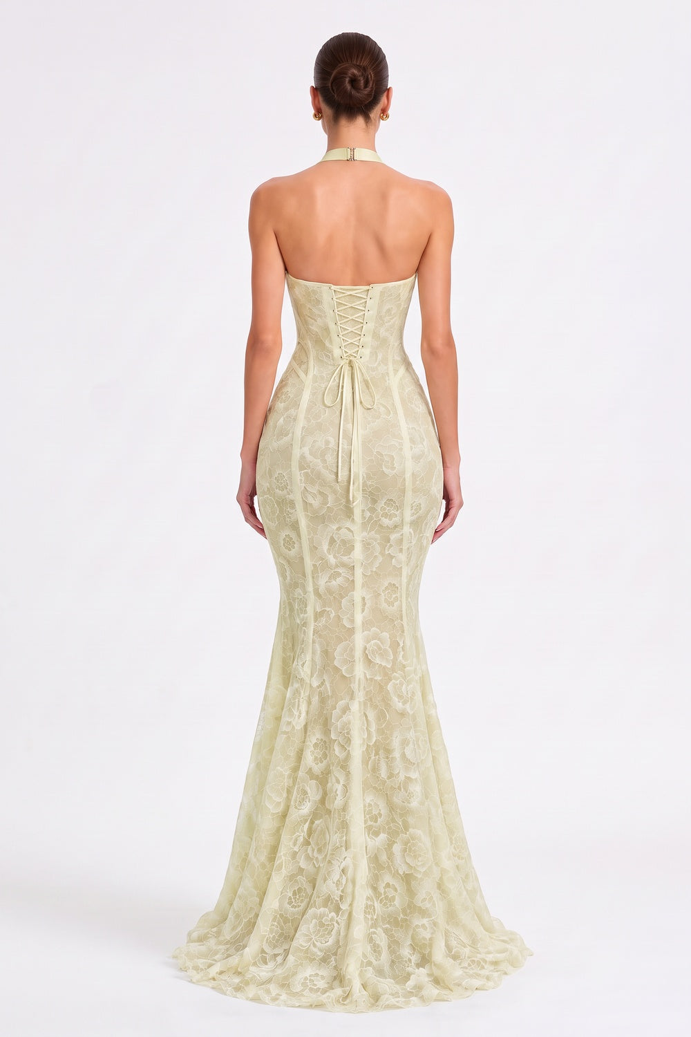 Pale Yellow Floral Lace Mermaid Gown