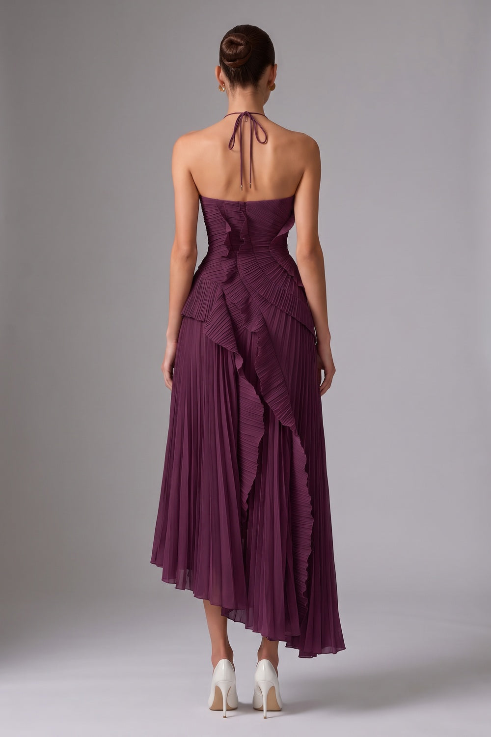 Deep Plum Asymmetrical Pleated Ruffle A-Line Dress