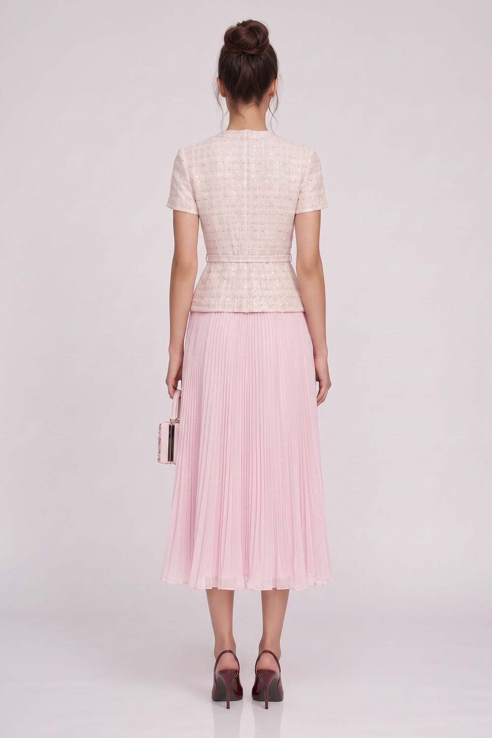 Pale Pink Tweed Fitted Bodice with Peplum and A-Line Skirt Two-Piece Set