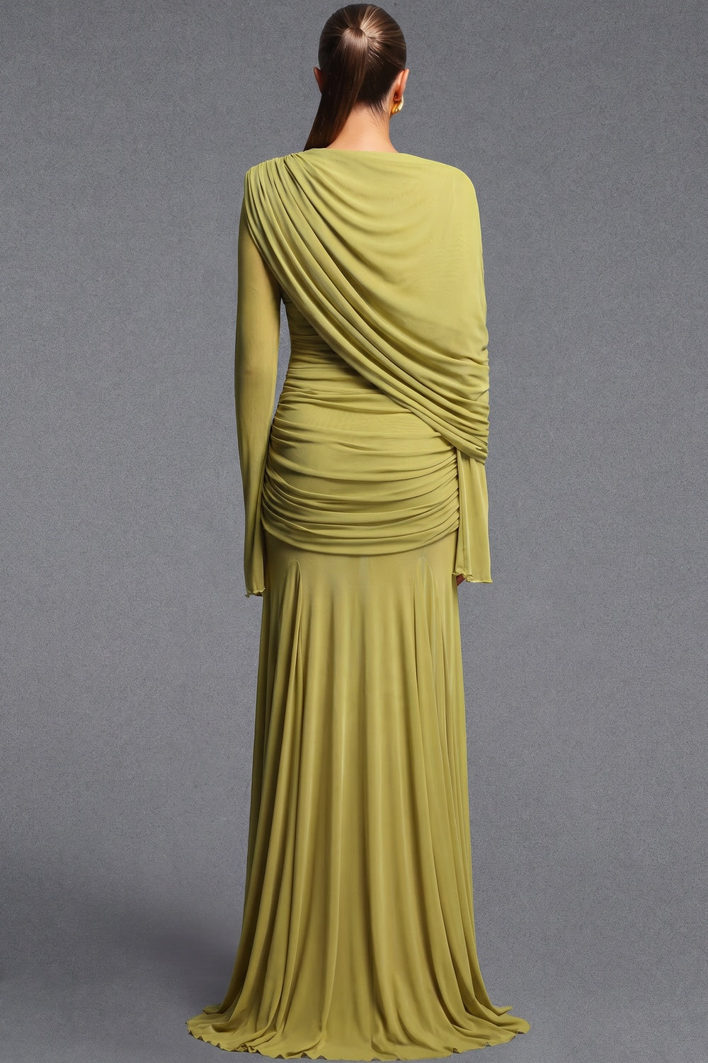 Chartreuse Ruched Mesh Gown