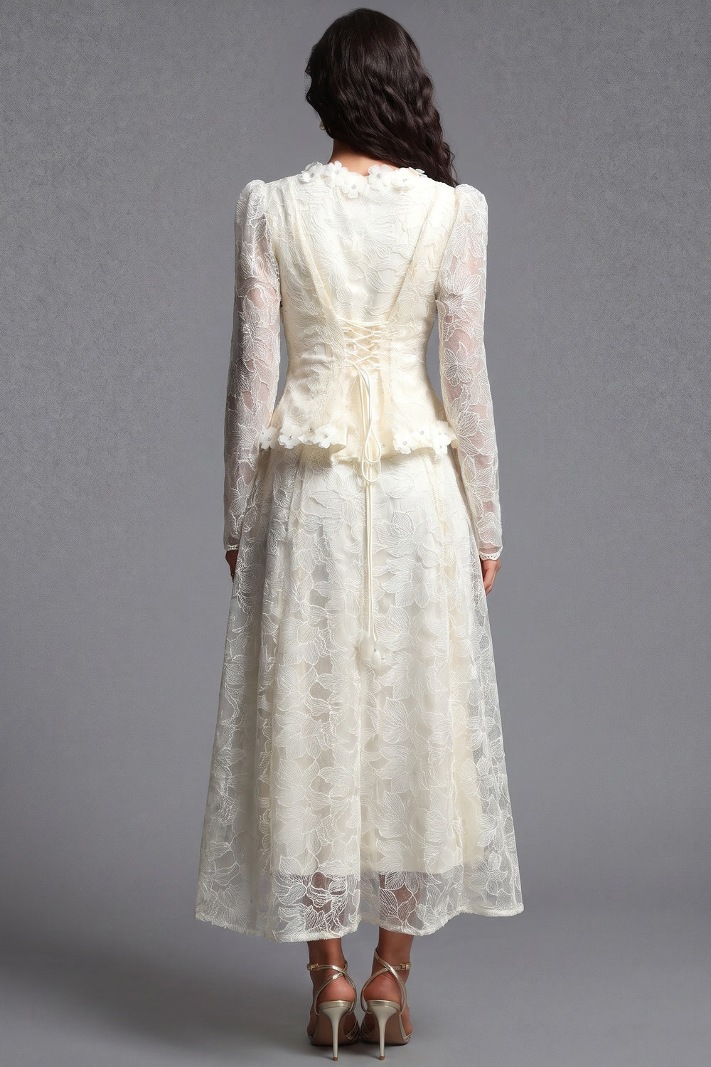 Cream Floral Lace Peplum Top & A-Line Midi Skirt Two-Piece Set