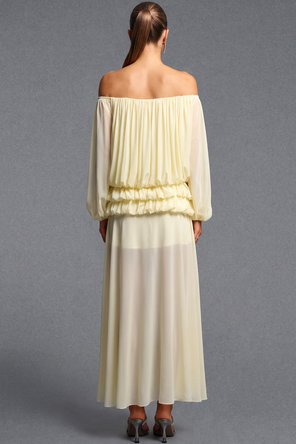 Pale Yellow Chiffon Off-The-Shoulder Blouson Two-Piece Set