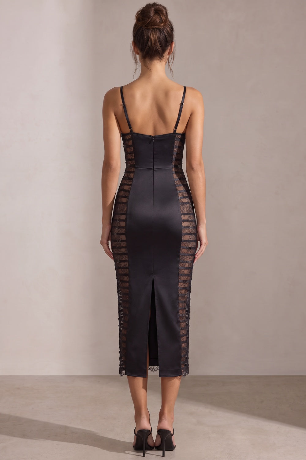 Black Satin Sheath Dress with Lace Side Panels