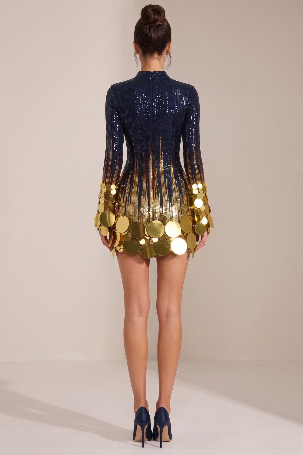 Navy Blue to Gold Ombre Sequin Mini Dress