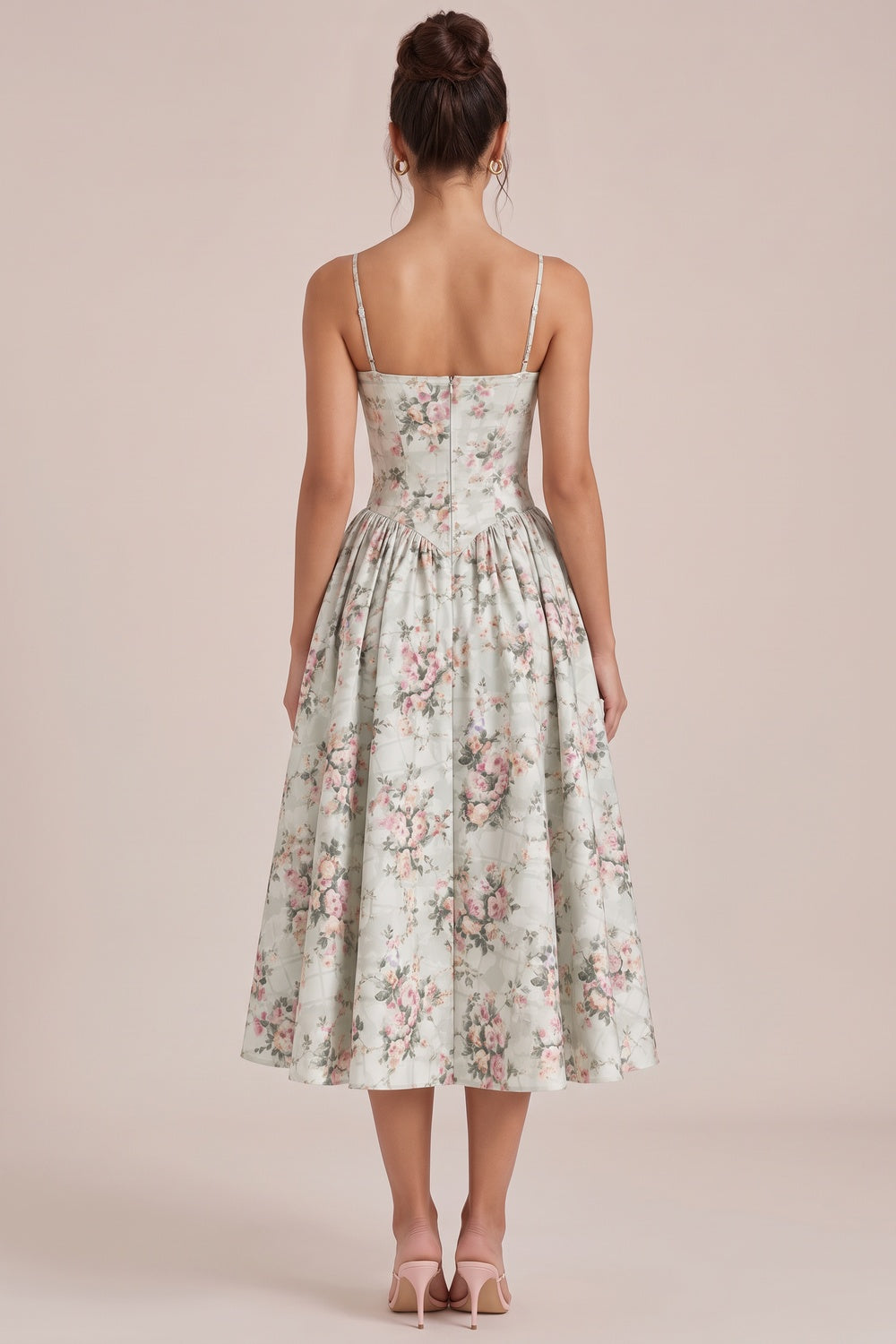 Pale Sage Green Structured Woven Cotton or Jacquard Fit-and-Flare Dress