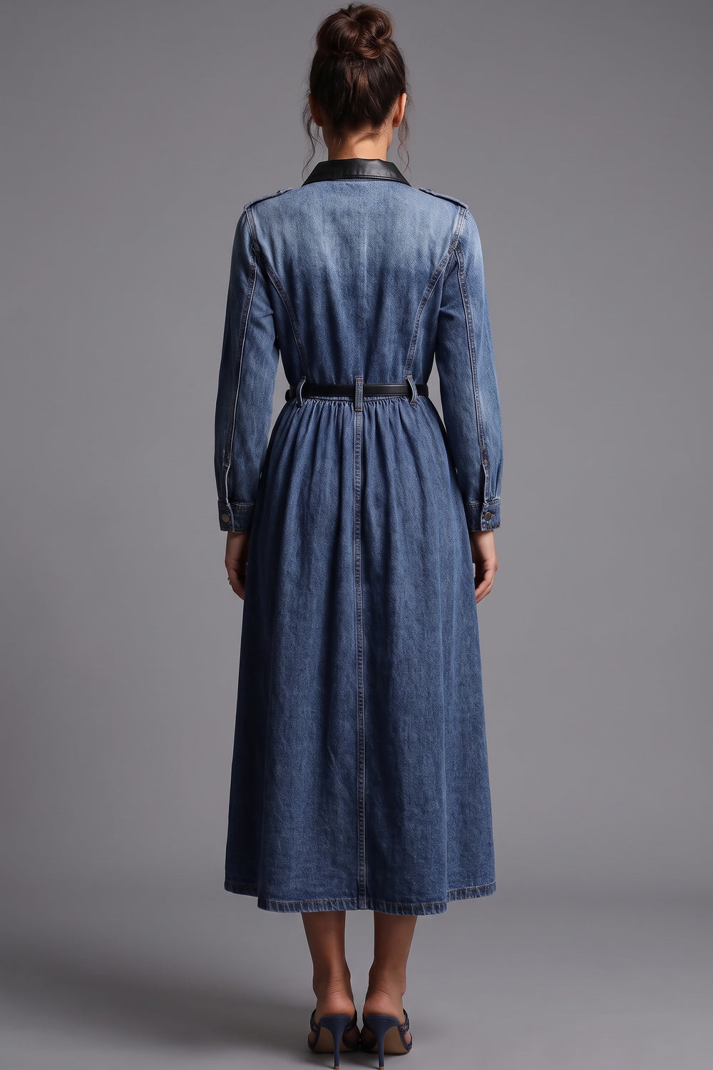 Medium Blue Denim A-Line Shirt Dress with Contrast Collar