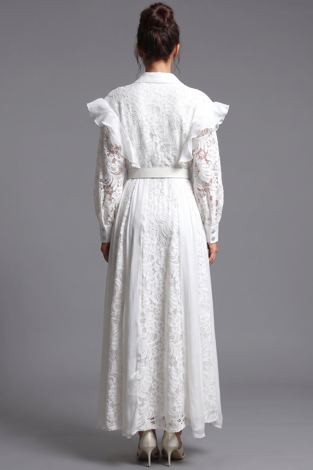 White Floral Lace A-Line Maxi Shirt Dress