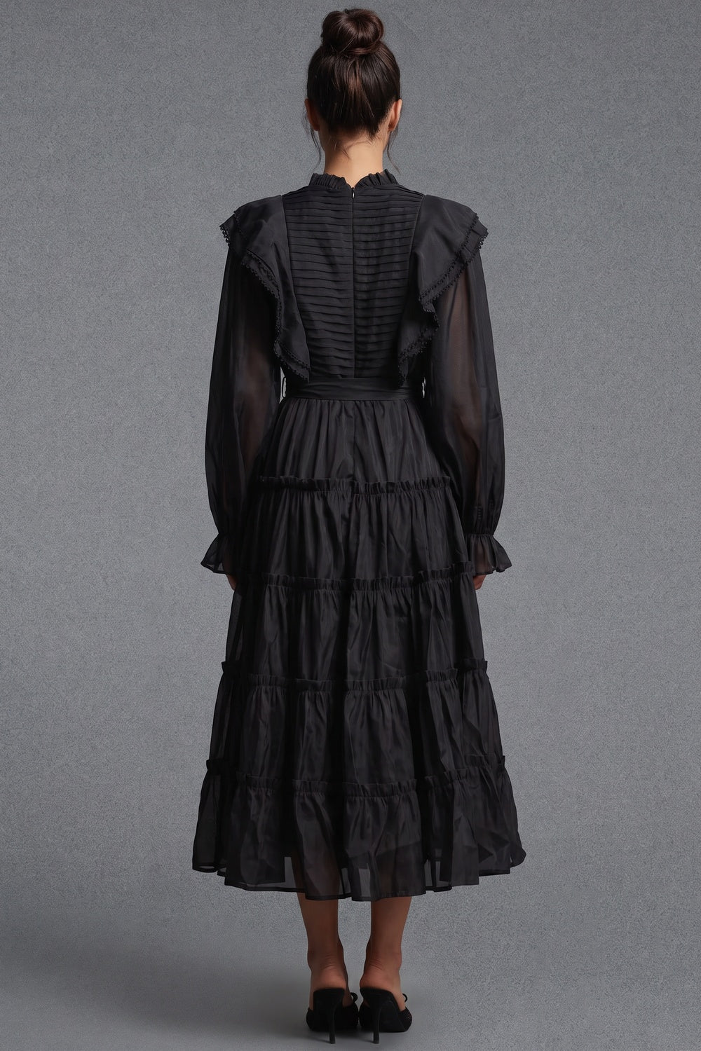 Black Tiered A-Line Midi Dress with Bishop Sleeves