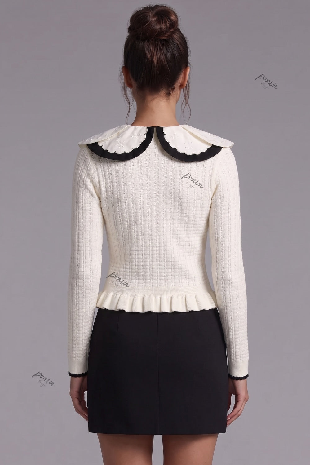 Off-White Textured Knit Fitted Peplum Cardigan
