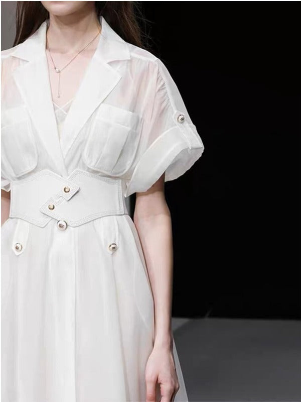 WAISTBAND GAUZE MIDI DRESS-Ownci