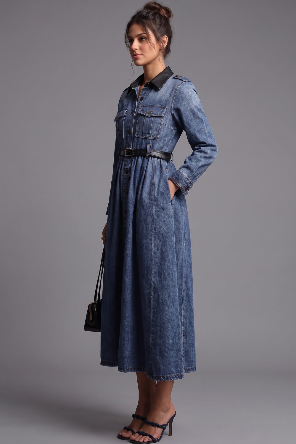 Medium Blue Denim A-Line Shirt Dress with Contrast Collar