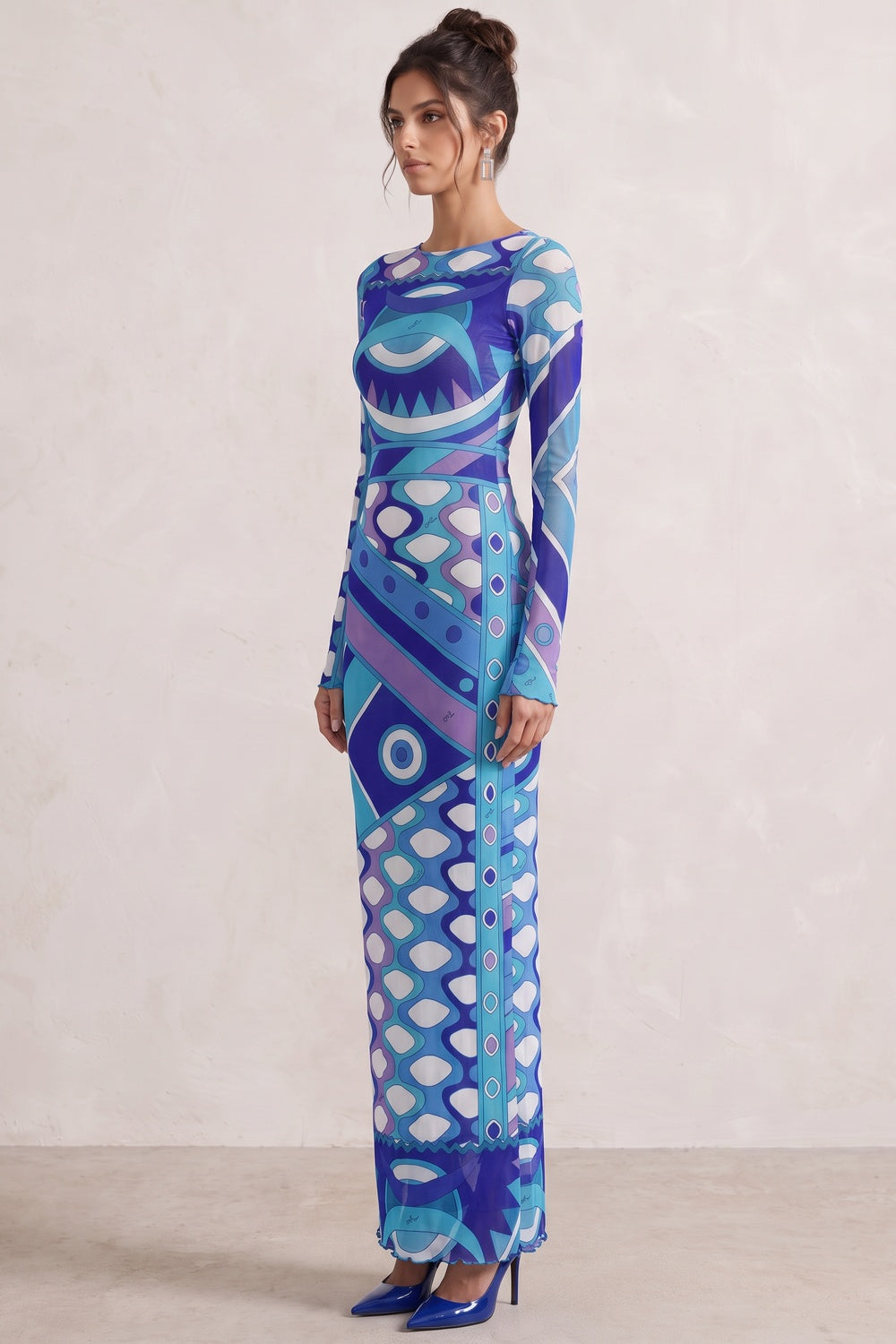 Blue Purple Geometric Abstract Column Maxi Dress in Stretch Mesh