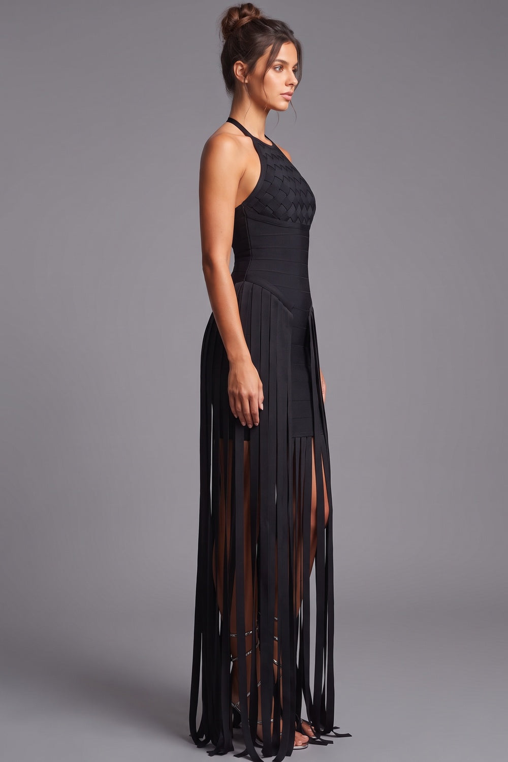 Black Bandage Knit Bodycon Gown with Fringe Overlay