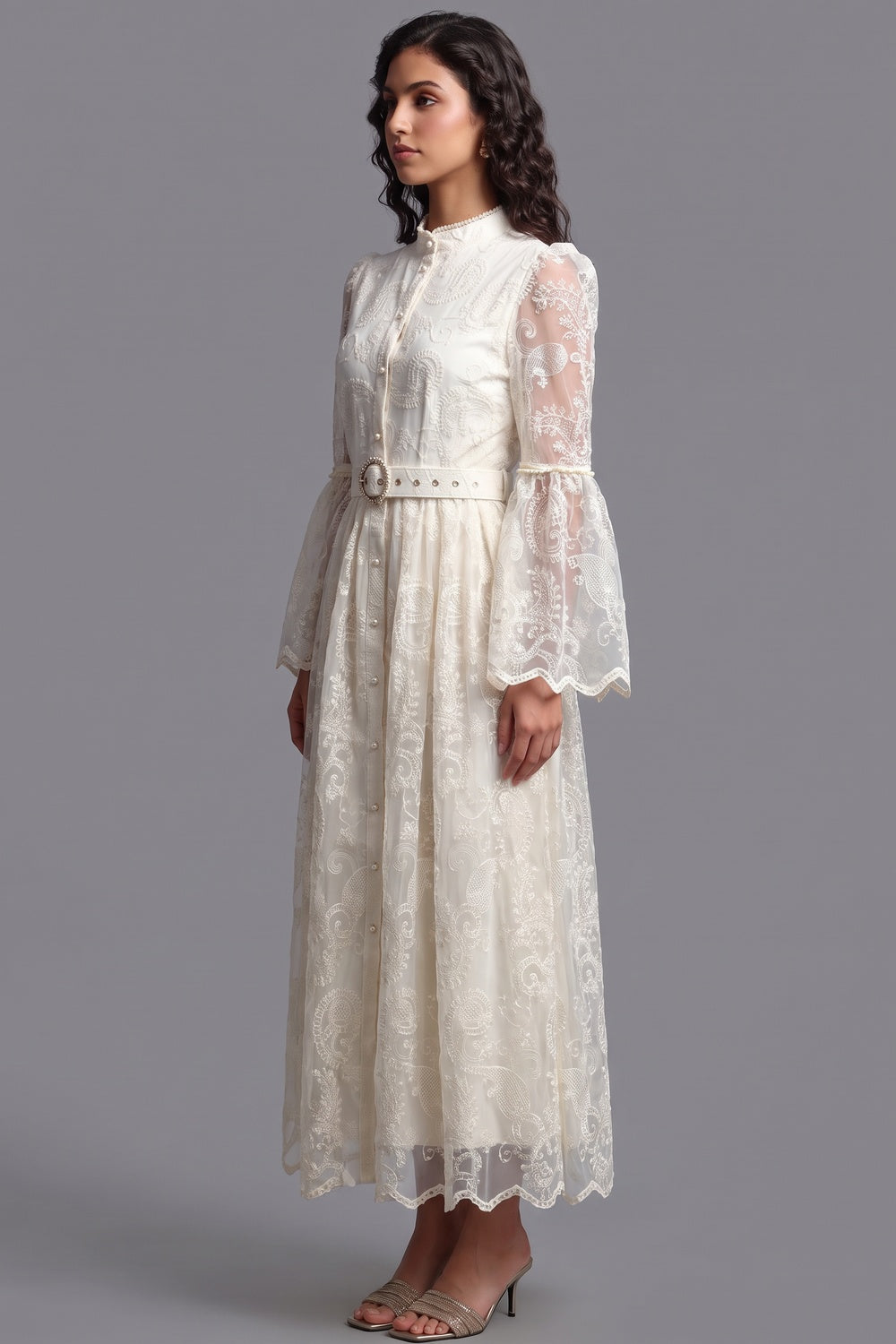 Cream Embroidered Floral Lace A-Line Dress