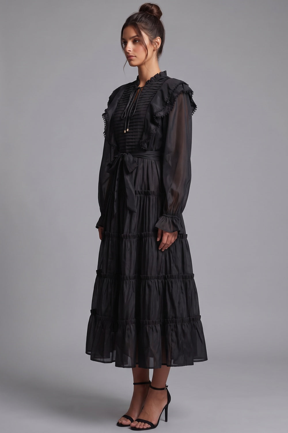 Black Tiered A-Line Midi Dress with Bishop Sleeves