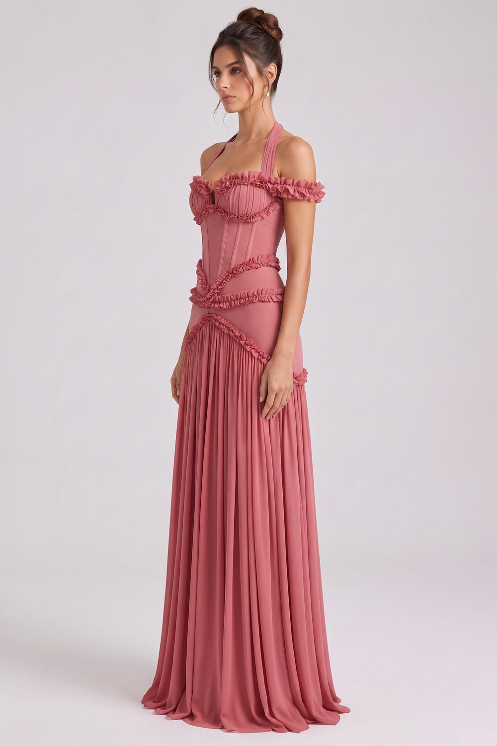 Dusty Rose Fitted Corset Gown with Tiered Ruffles and Halter Neck