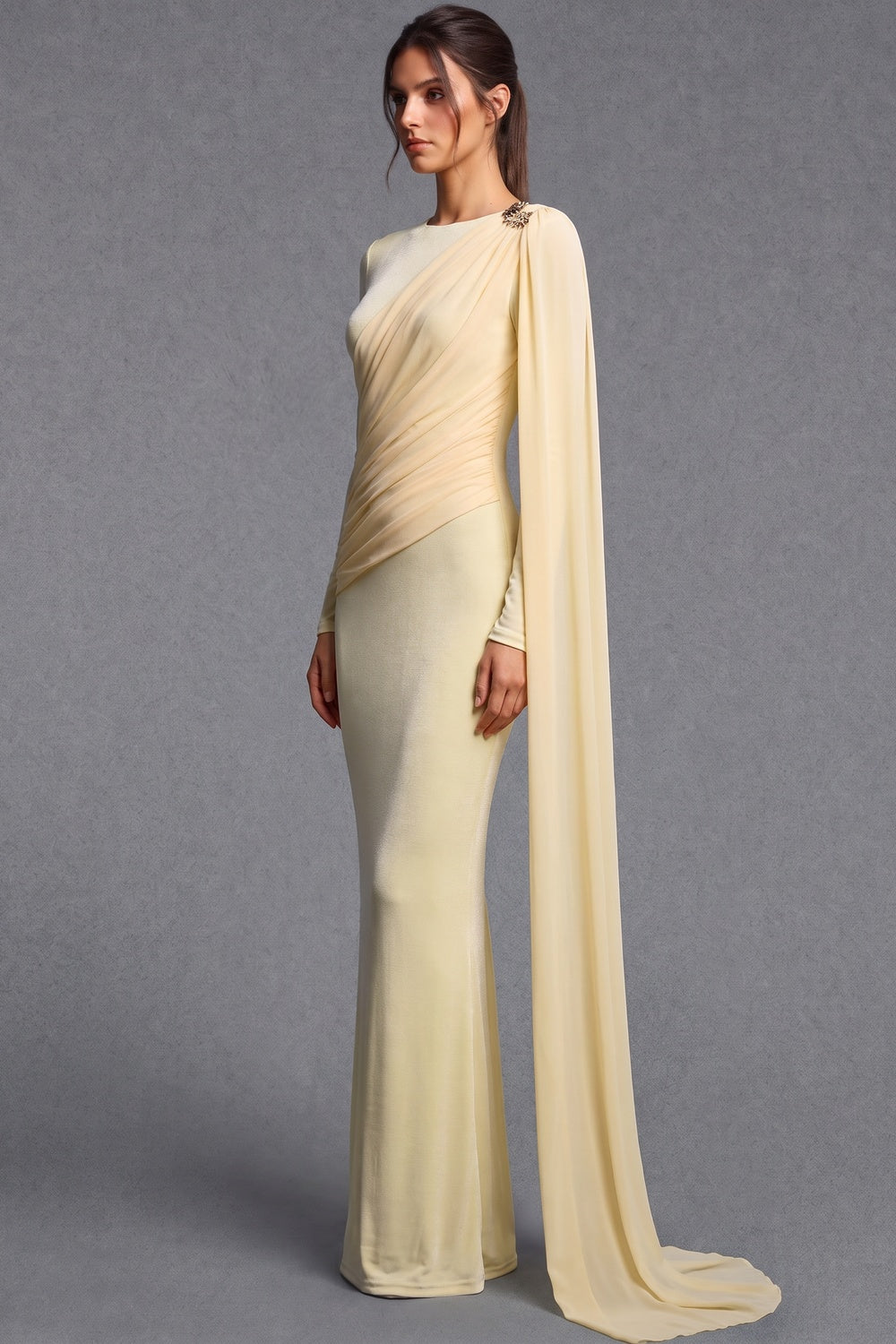 Pale Yellow Fine Stretch Knit Column Evening Gown with Asymmetric Draped Cape