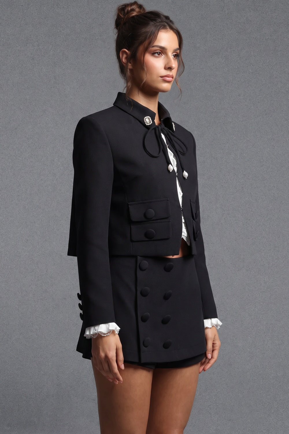Black Structured Two-Piece Cropped Jacket and Mini Skort Set