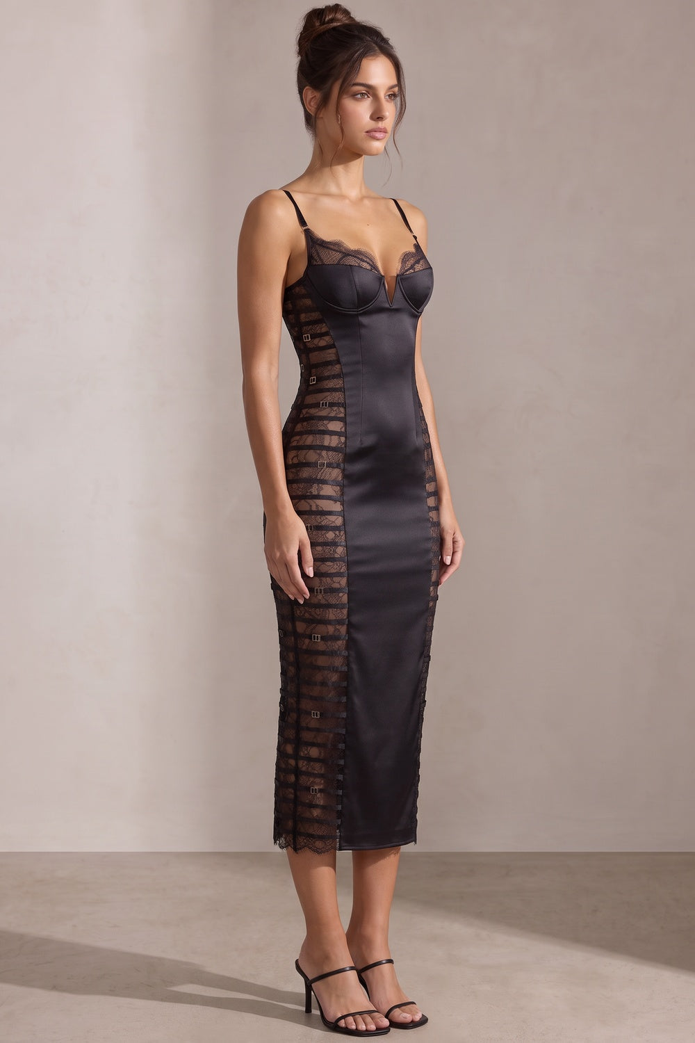 Black Satin Sheath Dress with Lace Side Panels
