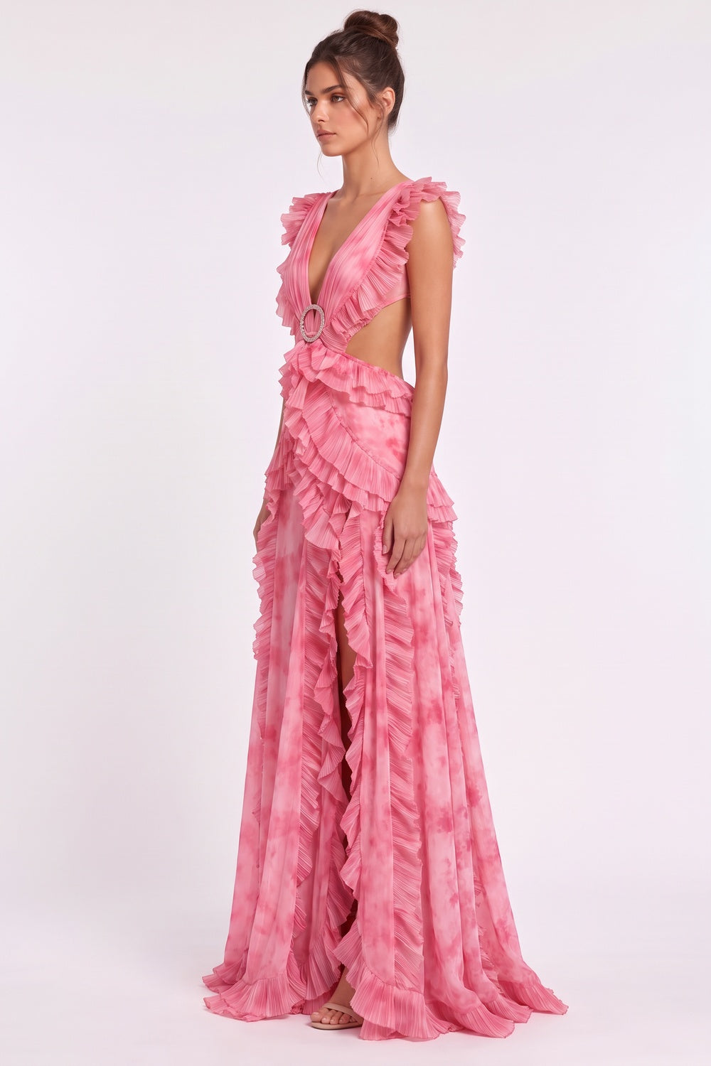 Pink Watercolor Chiffon A-Line Gown with Waist Cut-Outs