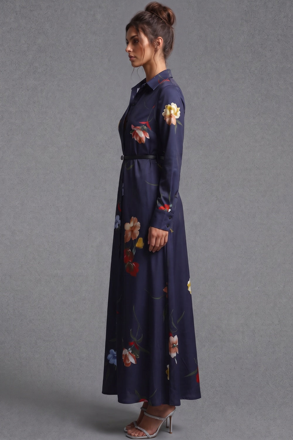 Navy Blue Floral Satin-Weave A-Line Shirt Dress