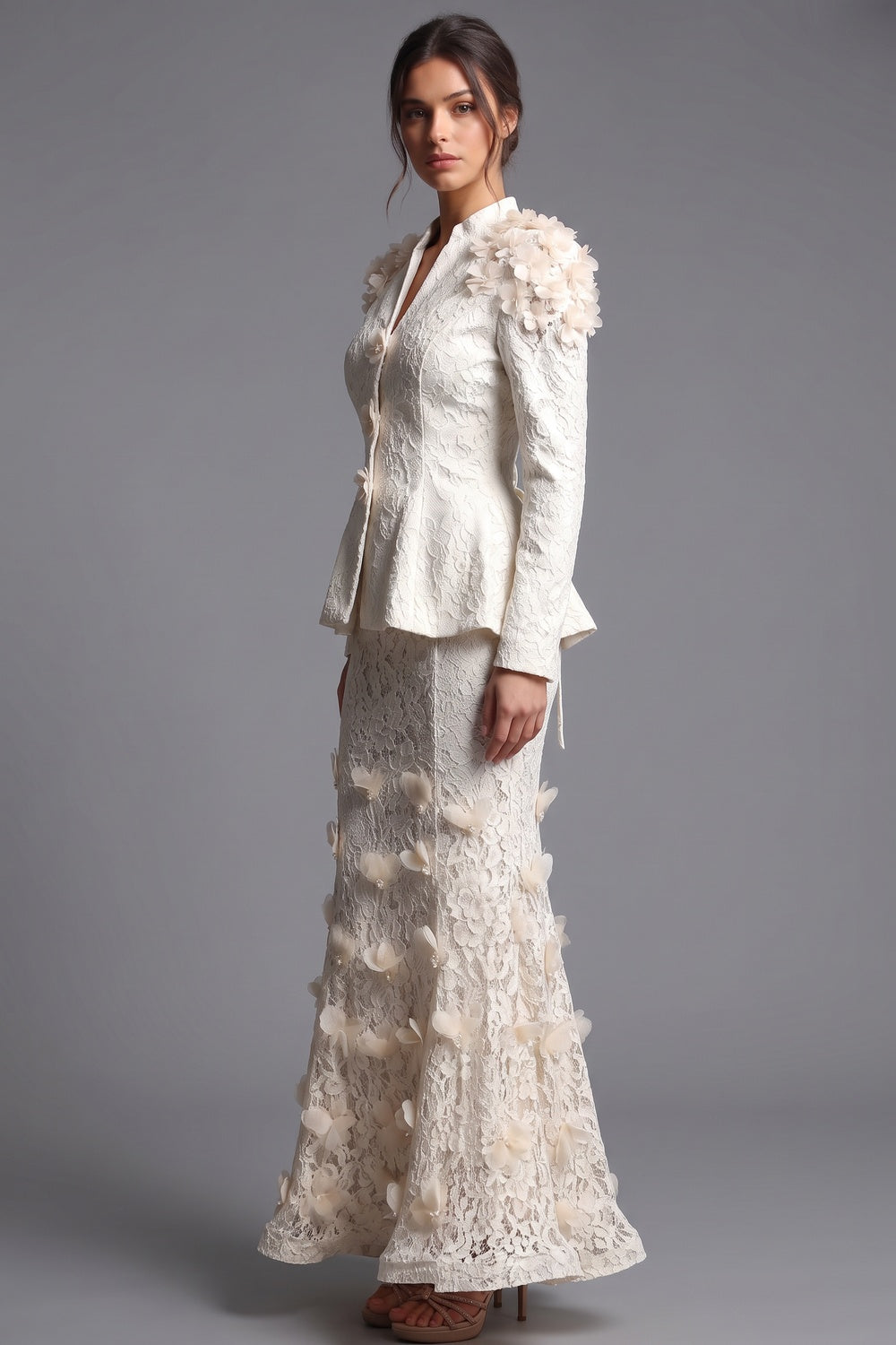 Ivory Corded Floral Lace Two-Piece Skirt Suit