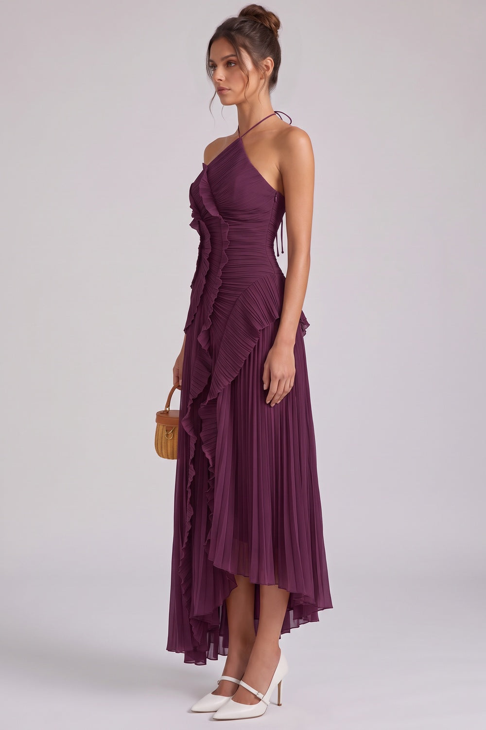 Deep Plum Asymmetrical Pleated Ruffle A-Line Dress