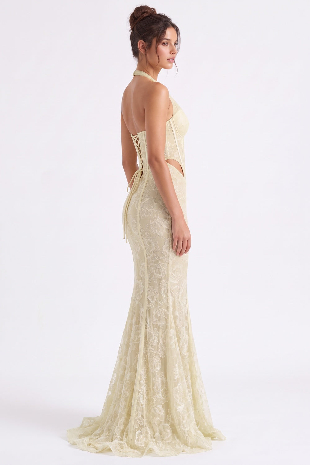 Pale Yellow Floral Lace Mermaid Gown