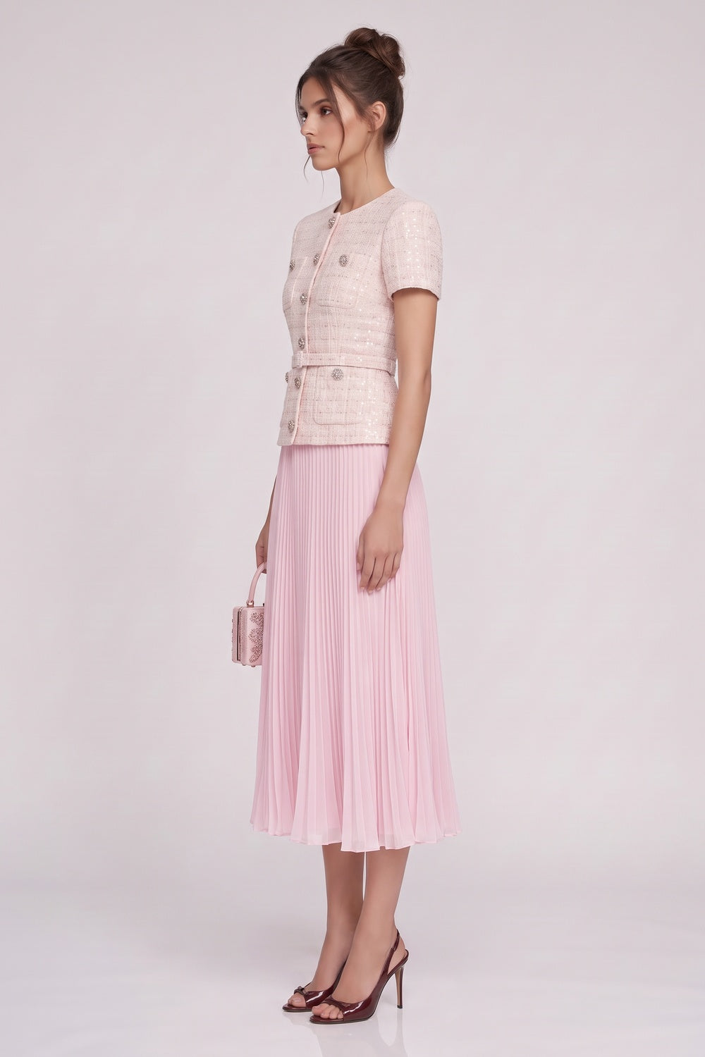 Pale Pink Tweed Fitted Bodice with Peplum and A-Line Skirt Two-Piece Set