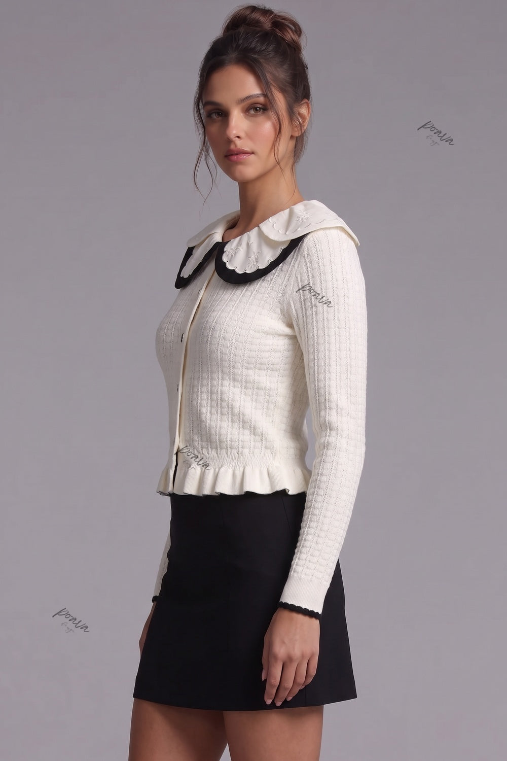 Off-White Textured Knit Fitted Peplum Cardigan