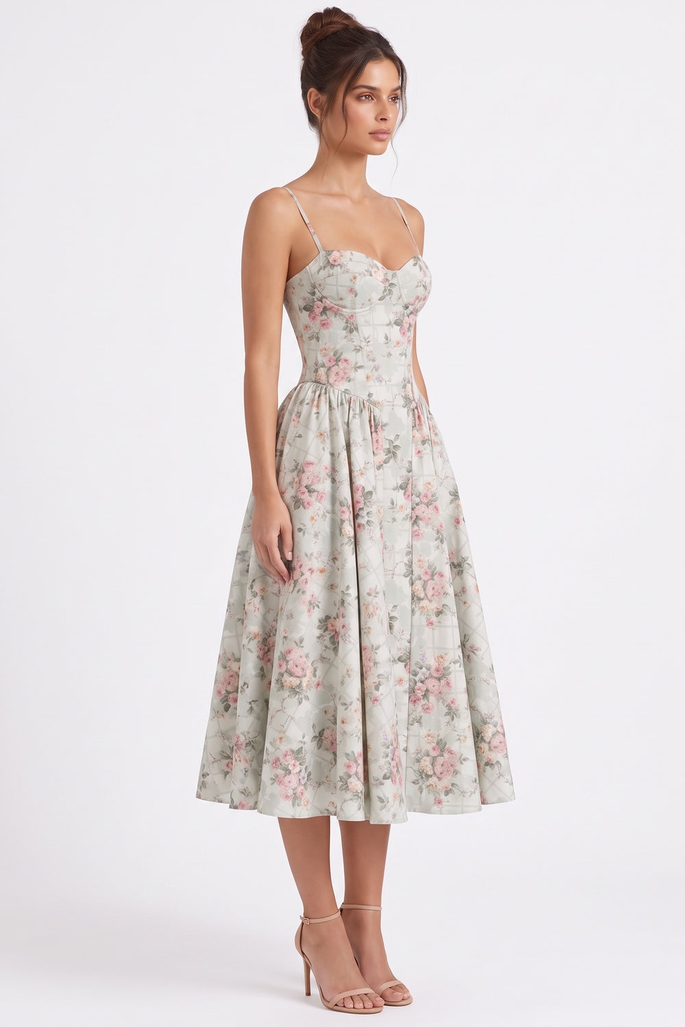Pale Sage Green Structured Woven Cotton or Jacquard Fit-and-Flare Dress