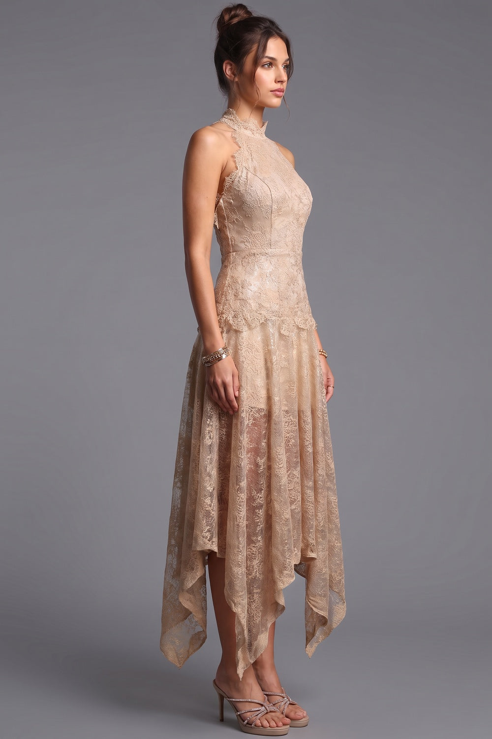 Beige Corded Floral Lace A-Line Midi Dress with Asymmetrical Hem