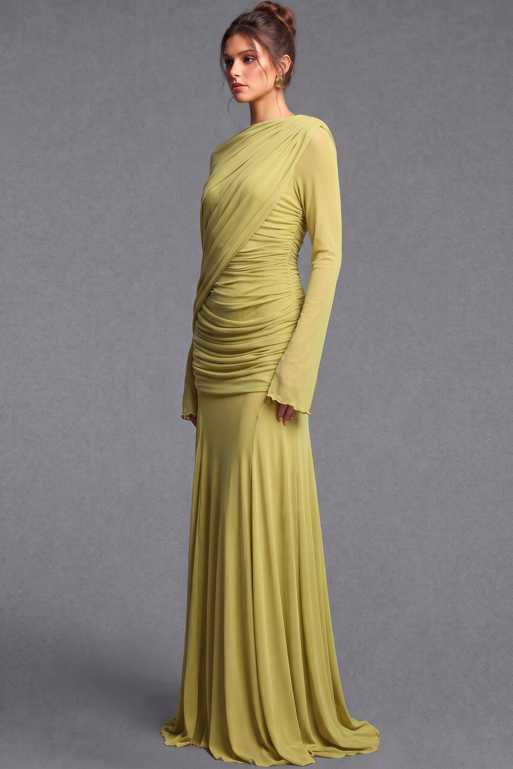 Chartreuse Ruched Mesh Gown